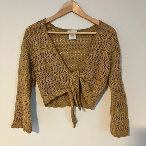 Worthington Knit Shrug Front Tie Bolero Light Brown w/ Gold Metallic Thread OOTD
